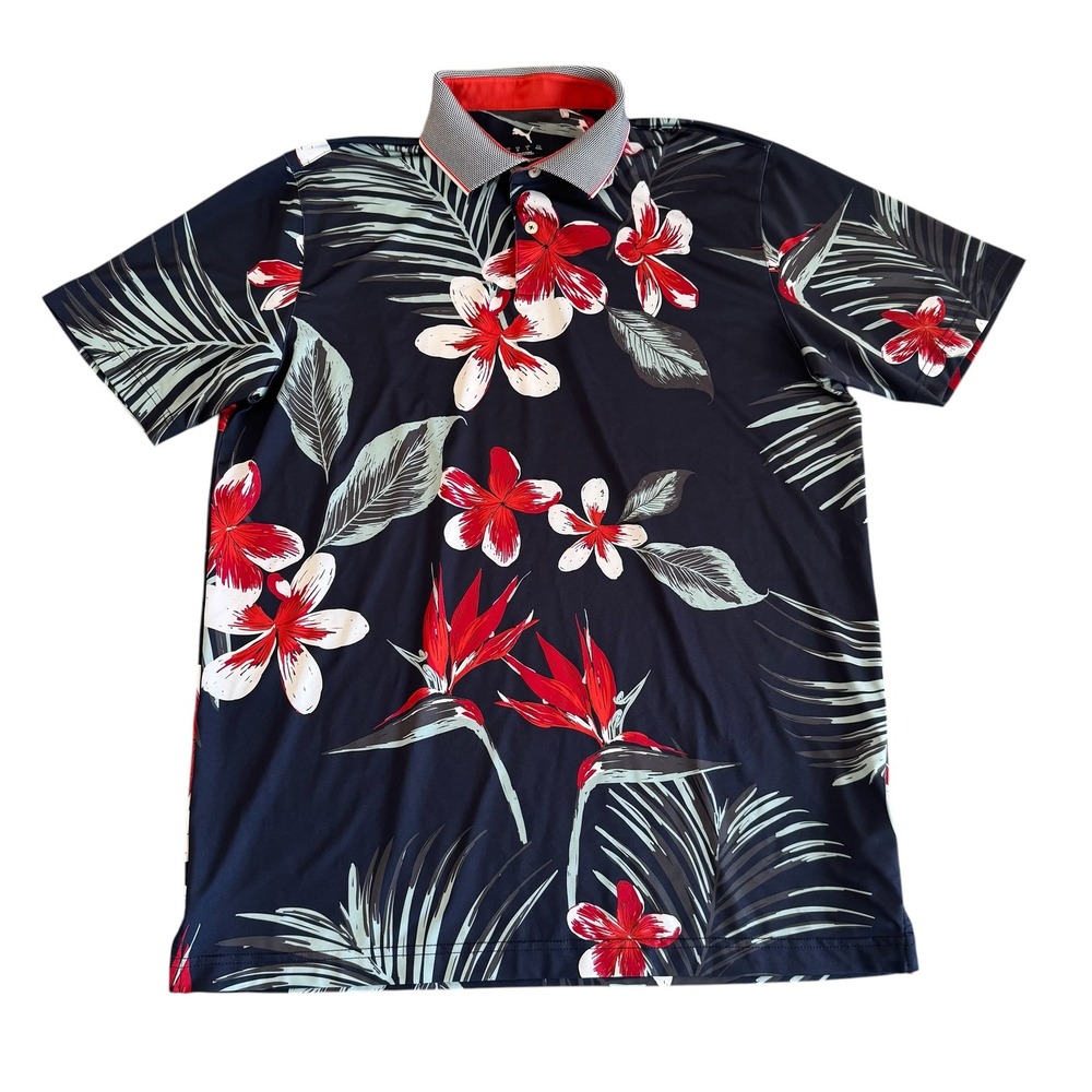 Puma Golf Medium Blue Red Tropical Floral Palm Men's Polo Shirt 628846-01